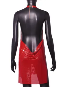 Detailed back view of red metallic sequin halter dress featuring a daring backless design