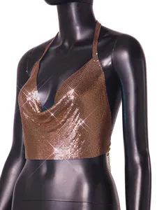 Detailed view of bronze metal sequin halter crop top with cowl neck and backless design