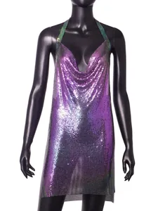 Detail of sexy purple metal sequin halter dress for nightclub parties and events.