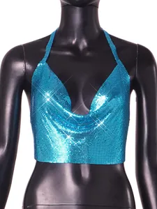 Detail showing the shimmering blue metallic sequins and V-neck of this sexy halter top
