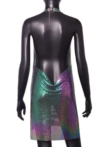 Back view of a sexy metallic sequin club dress featuring a colorful gradient finish