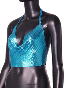 Detail view of shimmering blue metal sequin halter top on mannequin for party wear.