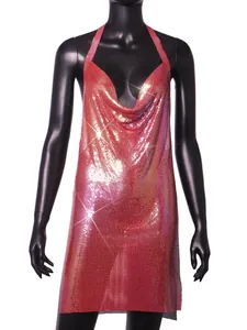 Detailed view of a shimmering pink metallic sequin halter dress displayed on a black mannequin