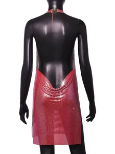 Sexy red metallic sequin halter backless nightclub mini dress shown from the back