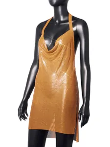 Detailed view of the metallic sequin halter mini dress with cowl neck.
