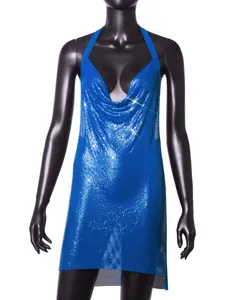 Close-up of blue metallic sequin halter dress with draped neck and sparkling finish