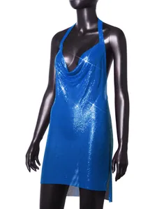 Detail of a shimmering blue metallic sequin halter mini dress for nightclub parties.