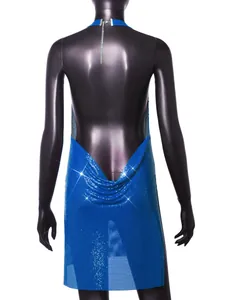 Stunning back view of a sexy blue metal sequin mesh backless mini dress for night club parties