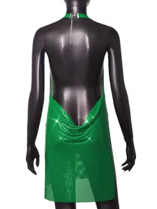 Sexy green metallic sequin halter neck backless dress for nightclub parties, back view