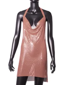 Detailed macro view showing the texture of rose gold metal sequin cowl neck mini dress