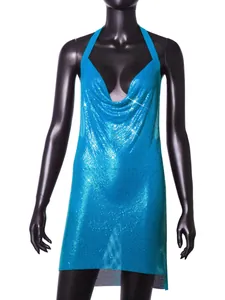 Blue metallic sequin halter dress for nightclub wear featuring a shimmering deep V-neckline.