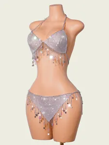 Exquisite detail of silver sequin mesh bikini body chain set featuring star fringe tassels