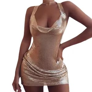 Stunning gold metallic sequin cowl neck halter mini dress perfect for nightclub parties
