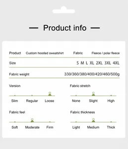 Gedetailleerde productspecificaties voor 460g katoenen zip-hoodie stof en maatvoering