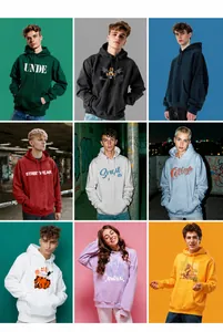 Collage van diverse 460g zware katoenen hoodies in verschillende kleuren en prints
