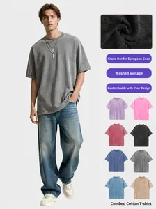 Heavyweight Combed Cotton Washed T-Shirt American Vintage Streetwear Drop Shoulder Loose Short Sleeve Men Top