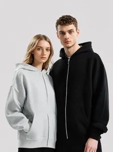 Men's Heavyweight 460g Cotton French Terry Zip Up Hoodie Streetwear Loose Fit Drop Shoulder Hooded Sweatshirt Winter Top