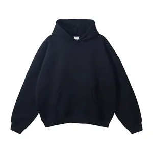Heavyweight plain black cotton pullover hoodie with front kangaroo pocket for men