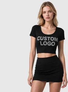 Damen Reine Baumwolle Kurzarm T-Shirt Amerikanischer Street Casual Rundhals Gekürzt Bestickt Top Strass Kleidung