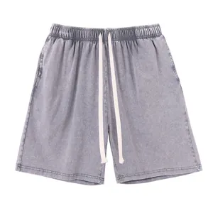 High-quality men's grey acid washed cotton shorts featuring elastic drawstring waist
