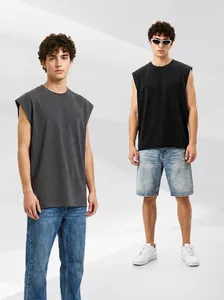 Men Heavyweight Cotton Sleeveless Tank Top Loose Fit Washed Retro Sports Gym Vest Streetwear Studded Graphic Top