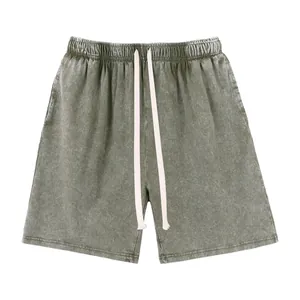 Vintage washed sage green men's pure cotton casual drawstring shorts with side pockets