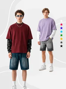 Men's Casual Long Sleeve T-Shirt Fake Two Piece Layered Look Cotton Drop Shoulder Loose Pullover Korean Style Streetwear Top