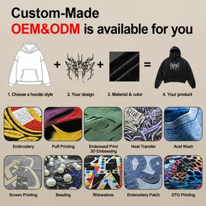Custom 400g terry cloth hoodie showing embroidery, puff printing, and rhinestone details