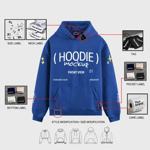 Customizable blue loose fit men's hoodie with 300g fabric weight and label mockup