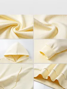 Detailed close-up views of 380G heavyweight loopback cotton hoodie in cream beige.