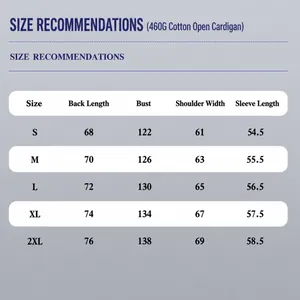 Comprehensive size chart for premium 460G heavy cotton men's cardigan hoodie sweatshirt