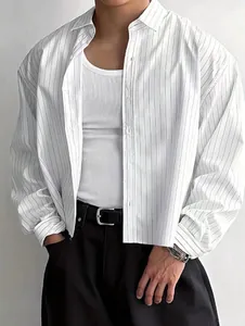 Men's Casual Striped Shirt Polyester Long Sleeve Loose Fit Lapel Button Up Fashion Top For Daily Commuting Office Wear
