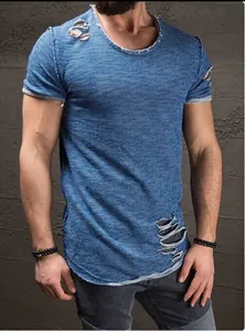 Close-up of men's blue distressed short sleeve T-shirt with ripped details