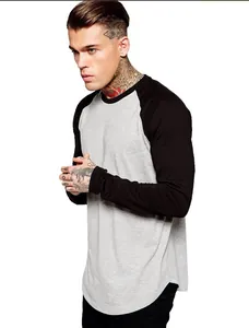 Close-up of a men's grey and black color-block raglan long sleeve t-shirt with curved hem