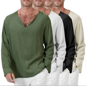 Gedetailleerd overzicht van vier kleuropties voor casual heren T-shirts van katoen en linnen
