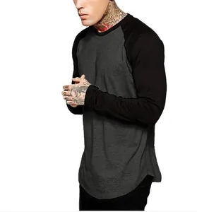 Detail of men's raglan long sleeve T-shirt with curved hem and contrast sleeves