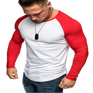 Detailed view of men's slim fit contrast color long sleeve T-shirt with raglan sleeves