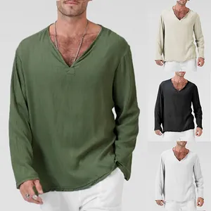 Casual heren T-shirt van katoen en linnen met V-hals in diverse kleuren en lange mouwen