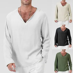 Heren katoen linnen lange mouwen shirt met V-hals in etnische stijl in diverse kleuren