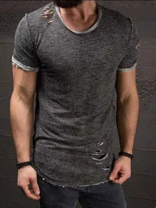 Detail view of a distressed grey short sleeve T-shirt showing ripped texture and round neck
