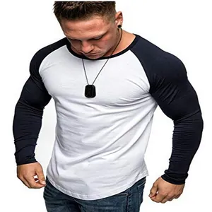 Detail shot of men's slim fit raglan long-sleeve T-shirt with athletic color-block design