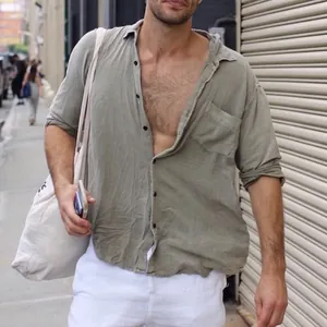 Men's Casual Cotton Linen Long Sleeve Shirt Button Down Lapel Solid Color Fashion Top With Chest Pocket