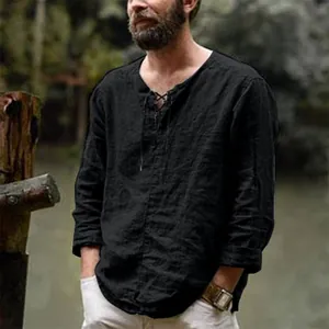 Camiseta casual de hombre en algodón y lino negro con unos cordones y manga larga