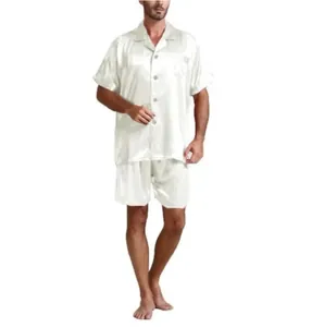 Men's luxury pearl white satin pajama set with short sleeve shirt and matching shorts