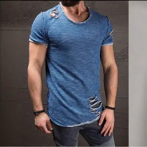 Men's Fashion Ripped T-Shirt Short Sleeve Distressed Cotton Tee Casual Crew Neck Loose Fit Summer Top