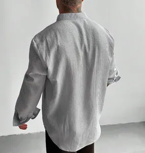 Detailed back view of a men's grey striped stand-collar shirt showing fabric texture