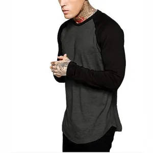 Men's stylish color-block raglan long-sleeve T-shirt with grey body and black sleeves