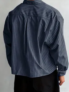 Detailed back view of a navy blue striped loose casual long-sleeve shirt for men