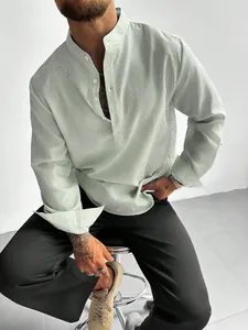 Detail view of men's vertical striped long sleeve shirt with a stylish mandarin collar