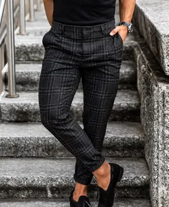 Men's slim fit plaid casual trousers featuring a classic grey checkered pattern design